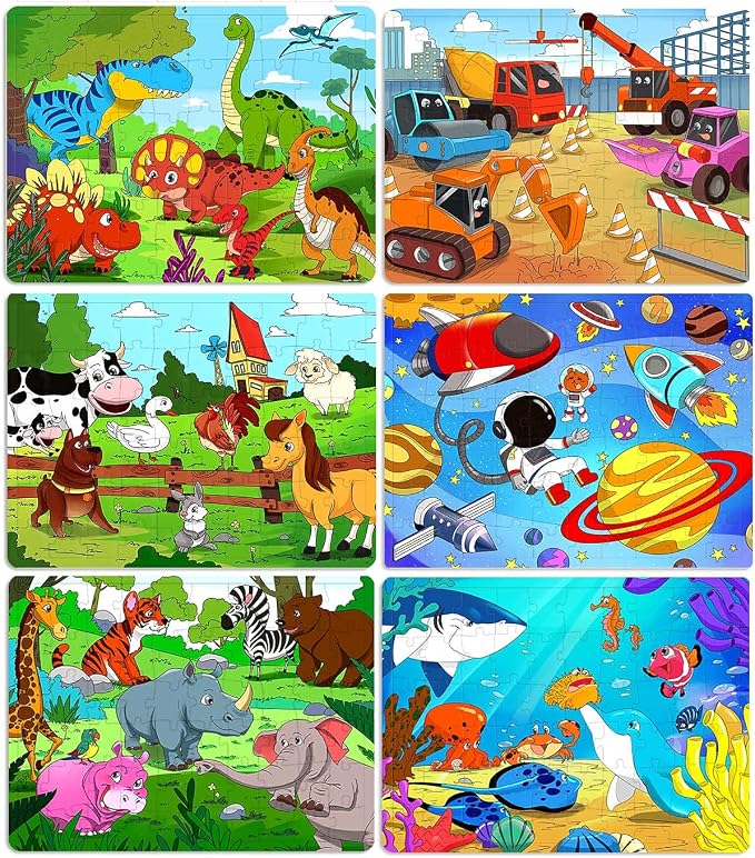 Puzzles for Kids Ages 4-6, 6 Pack 60 PCs Wooden Jigsaw Puzzles | Puzzles for Kids Ages 3-5, Preschool Educational Learning Toys, Birthday Gifts Set for Boys and Girls, Screen-Free Play