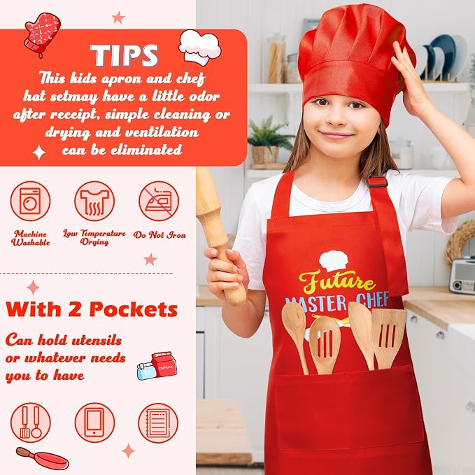 R HORSE 2 Pieces Kid Apron and Chef Hat Set, Dress up Pretend Play Toy | Red Future Master Chef Adjustable Children Kitchen Apron Set, Ideal for Cooking, Baking, Painting, Cooking Birthday Gift