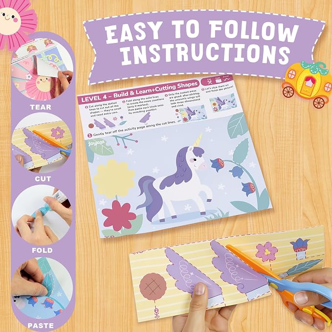 JoyCat Scissor Skills Activity Kit, Toddler Scissors Ages 3-5, Princess | Preschool workbook with 34 princess activities, scissors for kids and glue for creative toddler arts and crafts.