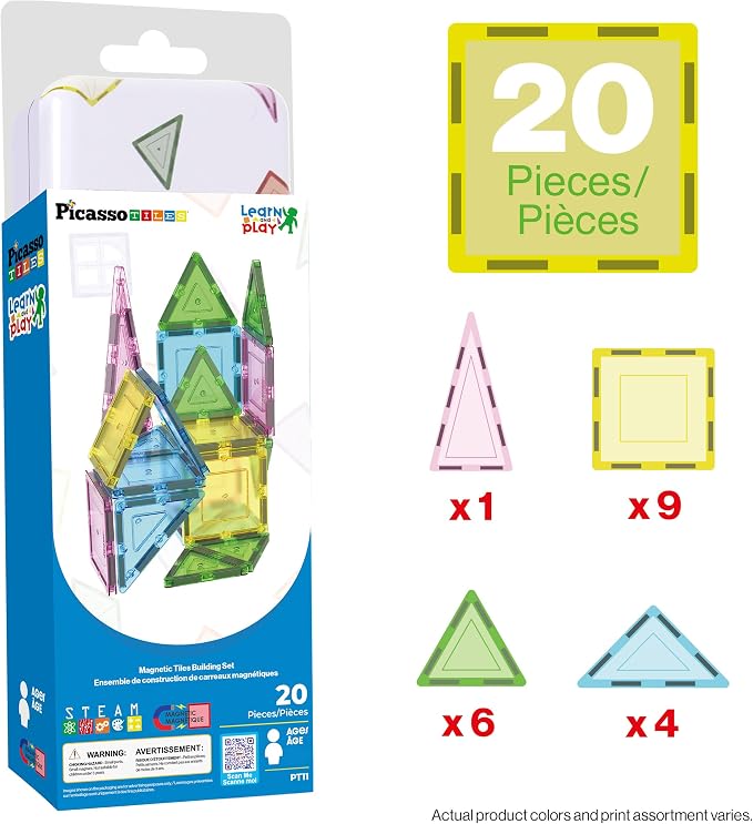 PicassoTiles Magnetic Tiles 20PC Construction Building Blocks Toy with Tin Storage Travel Case Creative Developmental Kids Learning Magnet Tile Education Cognitive Skill Toys Boys Girls Ages 3+ PT11