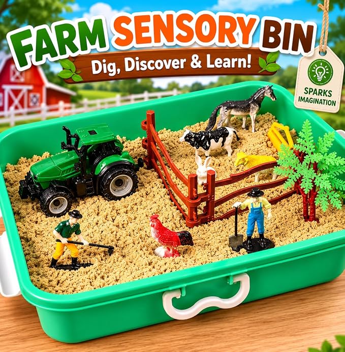 AGENTLAN Farm Sensory Bin with Sensory Sand, Farm Toys for Ages 3-8 | Moldable sensory sand, farm animal sensory toys, portable storage bin, pretend play, travel activity, gift for kids ages 3-8