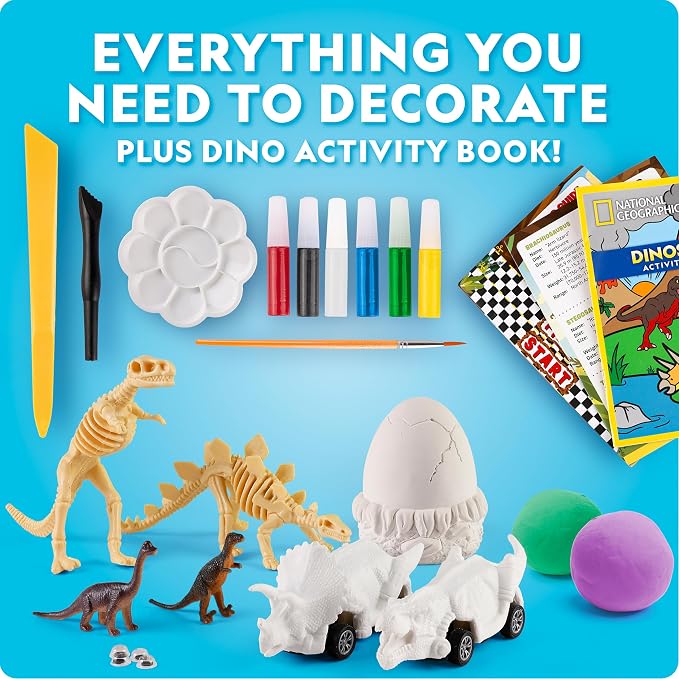 National Geographic Giant Dinosaur Egg Arts and Crafts Activity Kit | 15+ Dinosaur Crafts, Paint Cars, Clay Models, Dig Brick and Stickers, Creative Science Activities, Birthday Gift