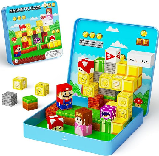 Travel Magnetic Blocks Kids Toys: 49 PCS Mini Magnets Cubes with Iron Box | Compact Play Base for Car Activities & Road Trips Games - Airplane Essentials STEM Learning Toys for Toddlers Kids Ages 3-8