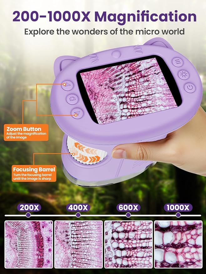 Microscope for Kids, 2.4 Inch Digital Microscope with 1000X Magnification, Handheld Camera Mini Pocket Magnifying Glass, Educational Birthday Gifts Toys for Ages 3+, Purple