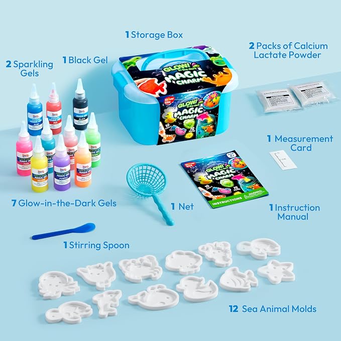 Klever Kits Glow-in-The-Dark Water Gel Kit, Magic Fairy Water Pets Toy Kit with 10 Gels(7 Glow-in-The-Dark Gels), 12 Molds, Preserving Bottle, DIY Squishy Maker Craft Kits, Arts and Crafts for Kids