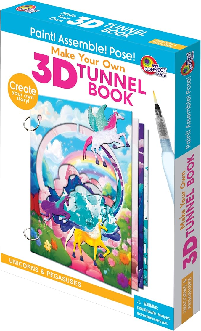 Unicorns & Pegasus Mini 3D Tunnel Book – Hands-on Paper Craft Kit | Build, color & create a pop-in book! Mini animals, watercolor pastels & water brush included. Portable, screen-free fun! 3+