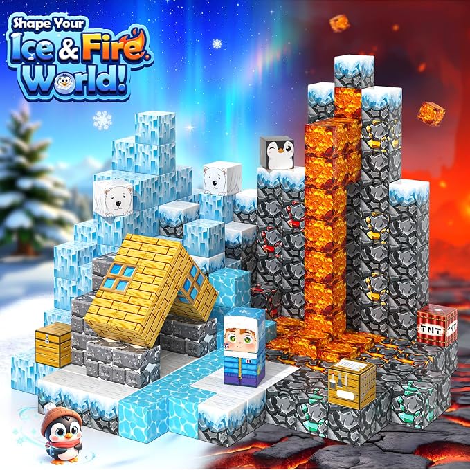 110PCS Large Magnetic Blocks Ice Fire World Magnet Building Toys for Kids | Magnet Building Cubes, STEM Sensory Toys, Christmas Easter Gifts for Boys & Girls, Outdoor Kids Toys for Age 3+