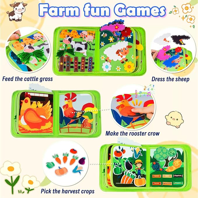 Busy Book for Toddlers 1-3 Montessori Busy Board for 1 Year Old Boy Girl Gift Farm Animal Sensory Toys Educational Learning Quiet Airplane Travel Activity Books First Birthday Gifts