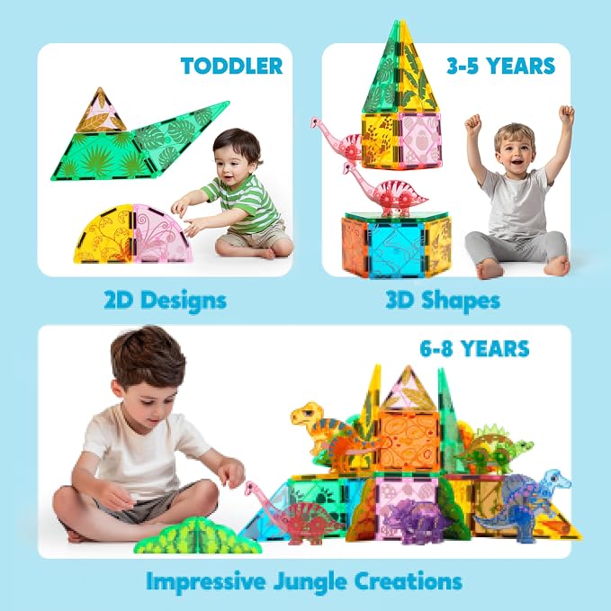 SYNCFUN Magnetic Building Tiles Dinosaur Set for Kids, 50PCS Including 5 Cute Dinosaurs, Educational STEM Toy for Boys & Girls Ages 3-5 4-8, Christmas Birthday Party Gift