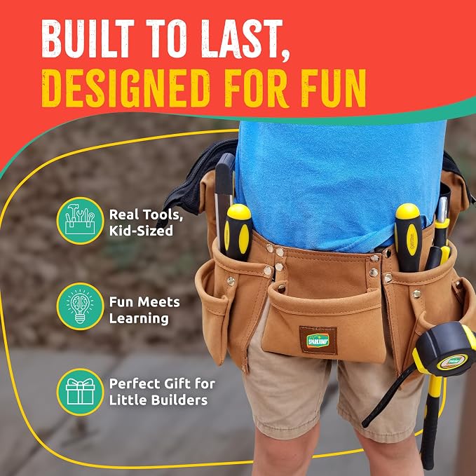 Deluxe Kids Tool Set | Real Tools with Tool Belt & Tool Box, Beginner Tool Kit for Boys & Girls Ages 6 & Up, Brown Ultimate Tool Set