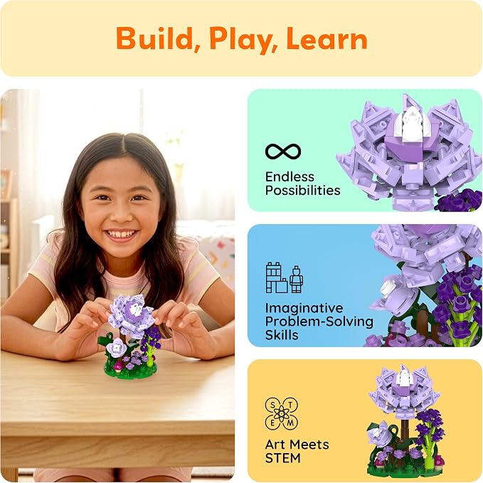 PicassoTiles 118pc Flower Garden Building Block Set STEM Educational Toy Kids Ages 3 and Up Creative DIY Floral Arrangement Construction Kit for Boys Girls Fun Learning Purple Dahlia Playset PBS221