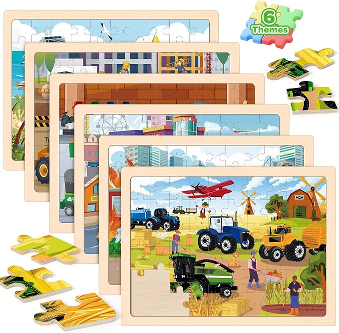 6-Pack Wooden Puzzles for Kids Ages 3-5, 60-Piece Construction Vehicle Set | Toddler Puzzles Ages 3-5, Preschool Puzzles with Wooden Jigsaw Boards for Fine Motor Skills, Shape Recognition and Travel