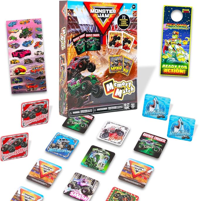 Monster Jam Memory Game Set - Educational Toy Bundle with Truck Card Matching Game Plus Stickers, More | Monster Jam Learning Toy for Boys, Kids