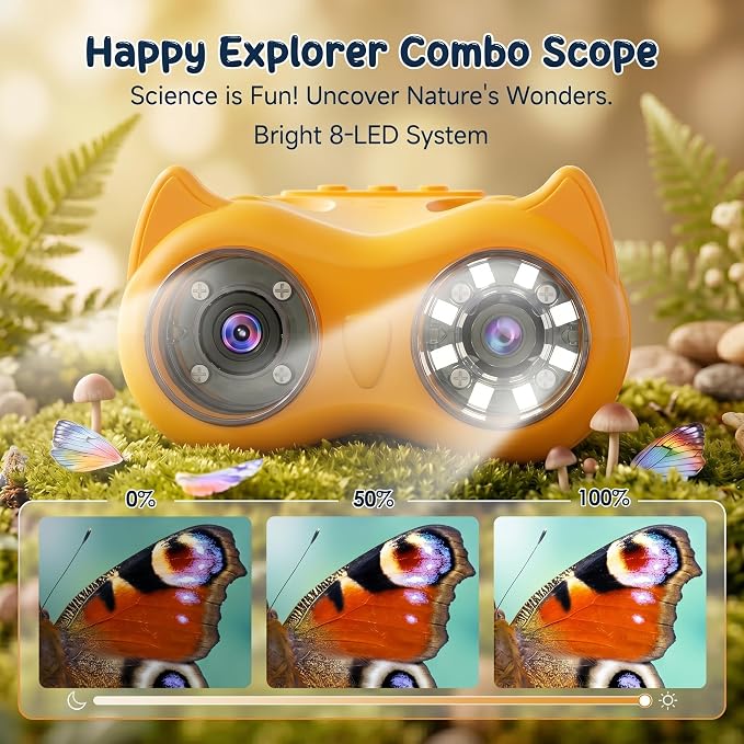 2-in-1 Kids Microscope and Telescope, 1000X Handheld Digital Microscope for Kids, 2.0" Screen, 8 LEDs, 10X Pocket Telescope for Outdoor, 1080P Camera STEM Toys Gift for Boys Girls 4-12, Yellow