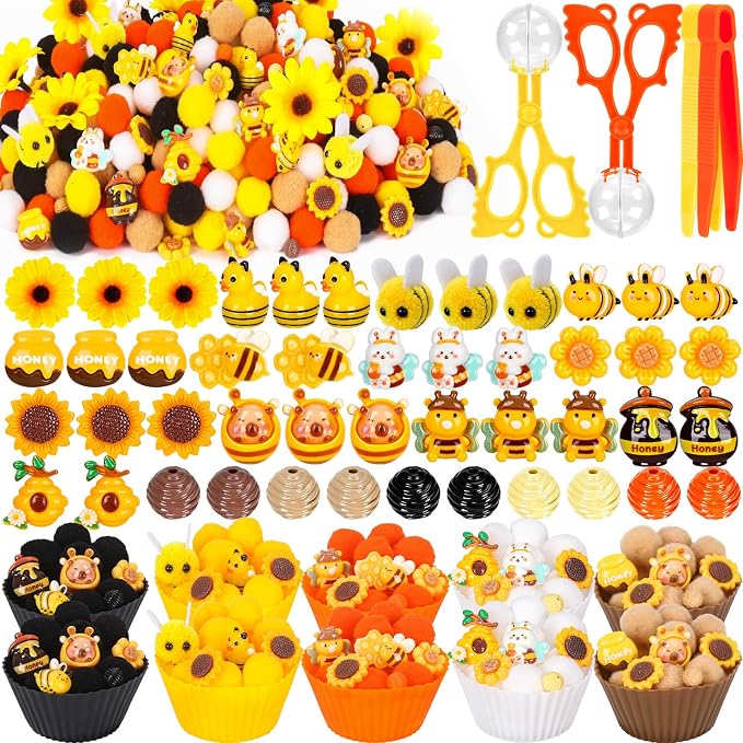 282PCS Bee Sensory Bin Filler Spring Summer Bee Fine Motor Sensory Bin Items Includes Pom Poms Sunflower Bee Honeycomb Resin for Counting Sorting Training