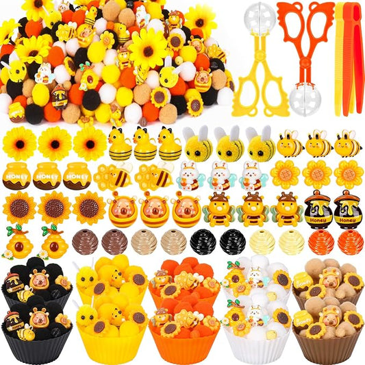 282PCS Bee Sensory Bin Filler Spring Summer Bee Fine Motor Sensory Bin Items Includes Pom Poms Sunflower Bee Honeycomb Resin for Counting Sorting Training