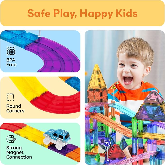 PicassoTiles 150 Piece Race Car Track, Magnetic Building Set with 4 Cars 3+ | BPA-free plastic, screen-free STEM fun, sharpens hand-eye motor skills, expands into full-size collections, smooth safe edges