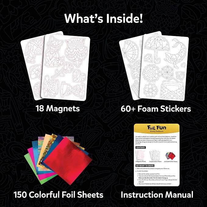 Skillmatics Foil Fun Pretty Patterns, Foil Art, Gift for Tweens & Adults | Travel Toys, Craft Kit, 18 DIY Magnets, 60+ Foam Stickers, Fine Motor Skills, DIY Mess-Free Activity, Screen-Free