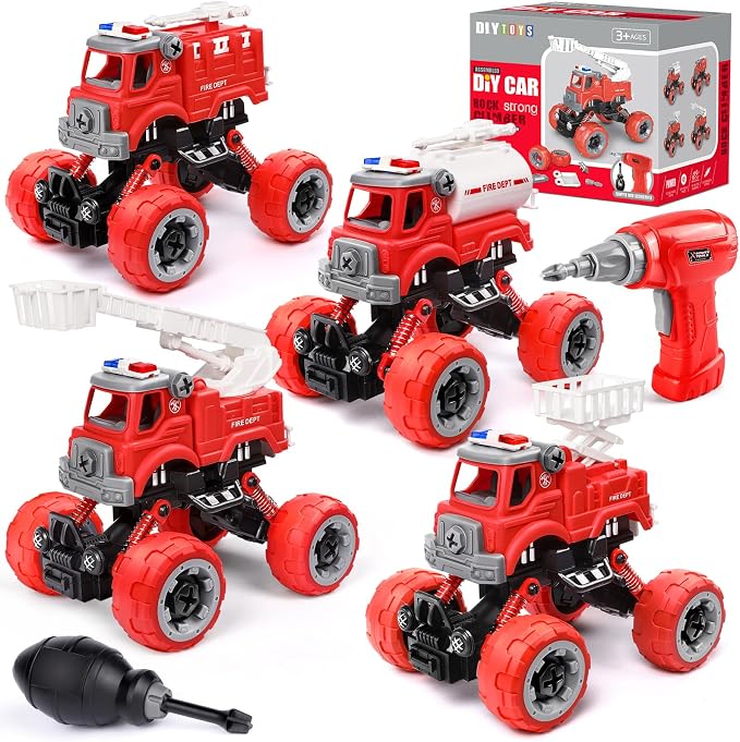 LUDILO Fire Trucks Toddlers 3-5 Take Apart Toys Gifts 3 4 5 Year Old Boys | 4PCS Kids DIY Assembly Firetruck/Electric Drill/Toddler Stem Building Fire Truck Toys 3 4 5 Year Old Boys Birthday Gift Xmas