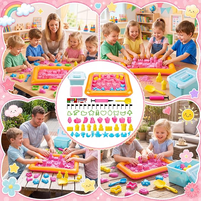 Teyva Daily 59 Pcs Sensory Bin Sand Kit with 2.2lbs Pink Moldable Play Sand, Inflatable Tray, Lidded Storage Box, Castle Ocean Animal Fruit Molds, Flags and Pump for Kids Toddler Ages 4-6