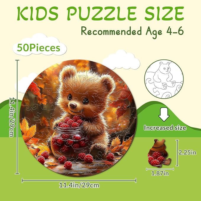 Animal Wooden Puzzles for Kids - Berry Bear | 50 Piece Puzzles for Kids Ages 4-6 - Kids Puzzle with Unique Animal Shapes - Round Puzzles for Boys and Girls (11.4 * 11.4in)