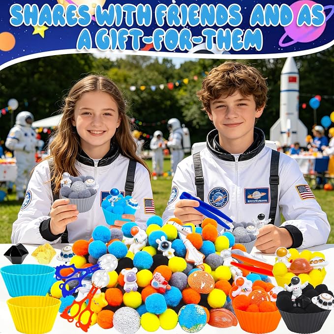 252PCS Space Sensory Bin Fillers Outer Space Fine Motor Sensory Bin Items Includes Pom Poms Tweezers Planet Astronauts Resin for Counting Sorting Training