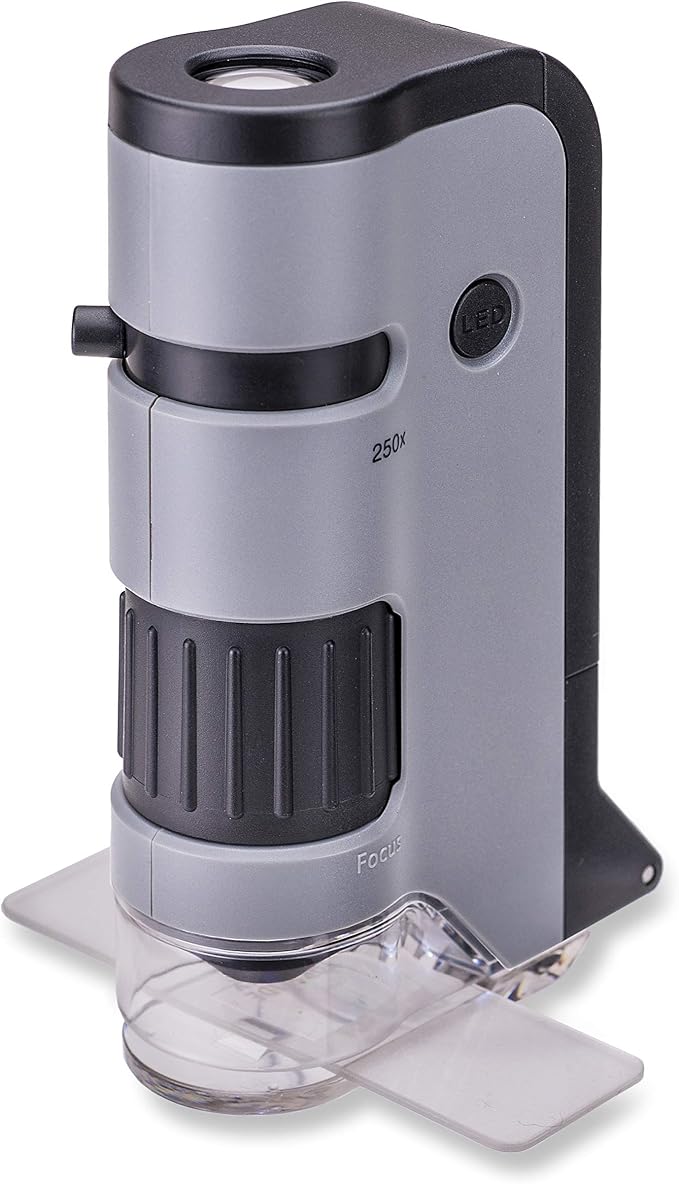 Carson MicroFlip 100x-250x LED and UV Lighted Pocket Microscope with Flip Down Slide Base and Adapter with CarsonCam Phone App - Set of 4 (MP-250MU) | STEM Handheld Microscope Set with Smartphone Adapter Clip for Digiscoping, Flip Down Slide Base - Set...