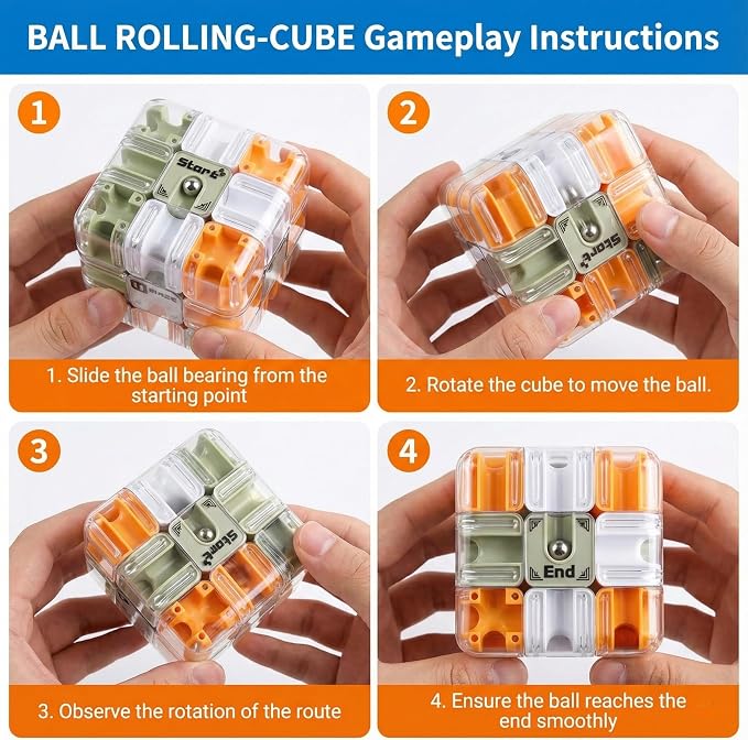3D Rolling Ball Maze Cube & Marble Maze Puzzle - Large Labyrinth Brain Teaser Toy for Kids Ages 4-8, 8-12 & Adults. Challenging 3D Puzzle Game. Best Travel Birthday Gift (Orange Color)
