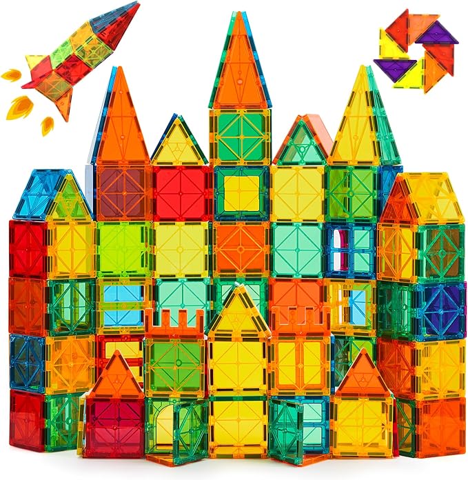 CuteTiger Magnetic Tiles, Magnet Tiles, 100 Pcs Magnetic Building Blocks No Cars, Square Building Castle, Preschool Toys, STEM Stacking Construction Montessori Toys for Kids