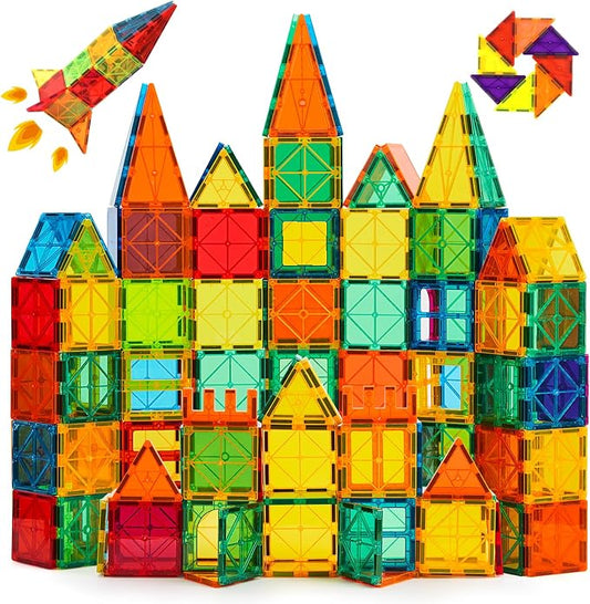 CuteTiger Magnetic Tiles, Magnet Tiles, 100 Pcs Magnetic Building Blocks No Cars, Square Building Castle, Preschool Toys, STEM Stacking Construction Montessori Toys for Kids