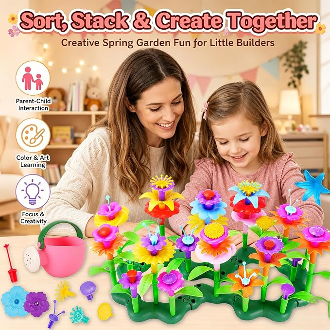 99pcs Flower Garden Building Toys Set - STEM Montessori Toys for Girls | Birthday Gift for 3 4 5 6 7 Years Old Girl, Sorting & Stacking Building Block Playset Springl, Gardening Toy for Kids