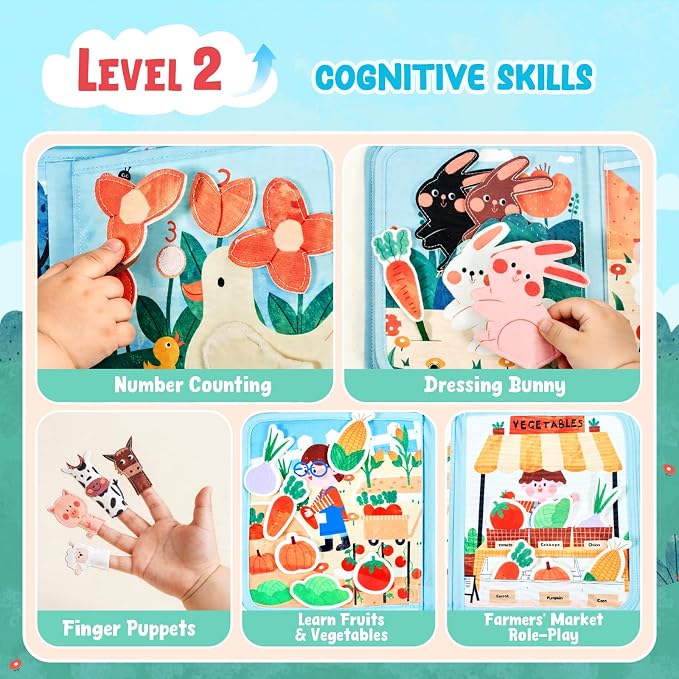 JoyCat Farm Busy Book for Toddlers 1-3, 21-in-1 Montessori Travel Quiet Toy | 21-in-1 farm busy book with Montessori activities supports fine motor skills, life skills and quiet travel play