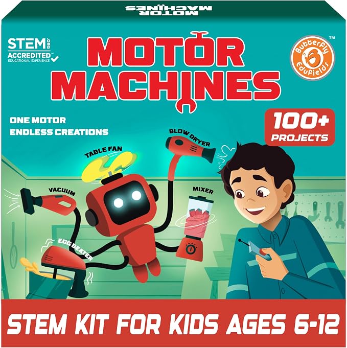 Butterfly EduFields 100+STEM Robotics Gift Kits for Ages 6-10-13 Boys Girls | Engineering & robotics kit with motor machines for kids ages 7 8-10 8-12; STEM building toy | Science Inventor Birthday gift.