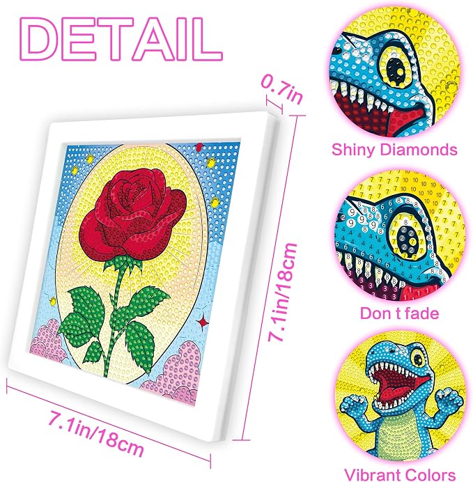 Reofrey Diamond Art Kits for Kids with Frame, 5D DIY Flower Roses Diamond Painting Kits, Arts Crafts Gift for Girls & Boys Ages 4,5,6,7,8,9,10,11,12, Creative Educational Toy for Beginners (7x7 Inch)