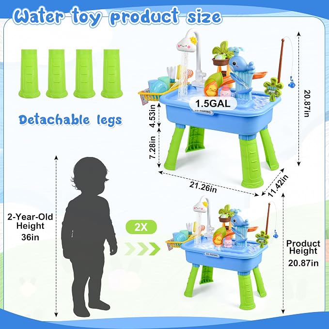 2027 Upgraded 4-in-1 Water Table for Toddlers 1-3, Kids Sensory Table with Electric Water Pump & Faucet, Kitchen Play Sink Toys with Food Accessories, Fishing Toy