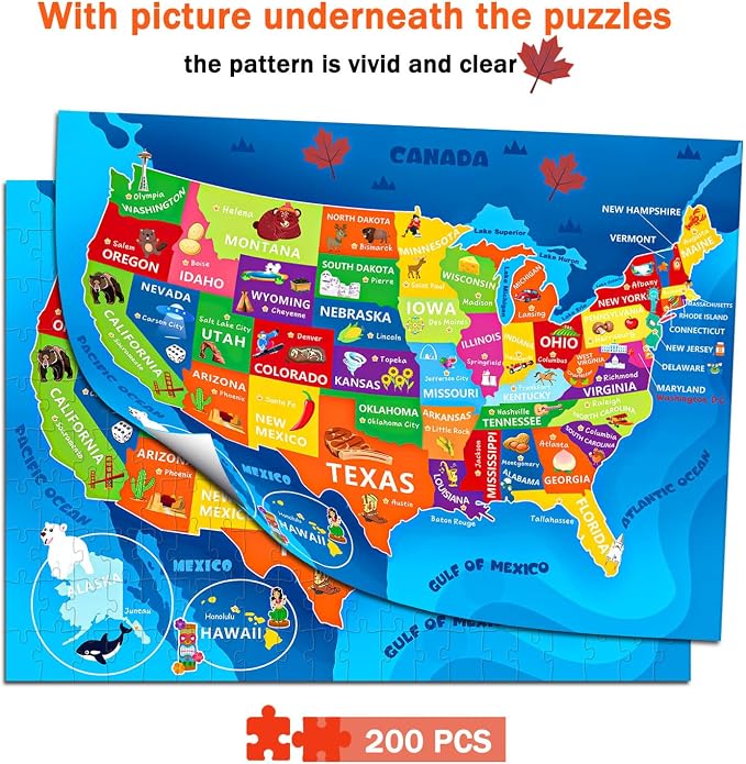Puzzles for Kids Ages 6-8 8-10 - 200 Piece United States & USA Puzzle | Educational USA Learning Toys.Colorful Children Puzzles for 6 7 8 9 10 11 12 Years Old Boys and Girls.Holiday Gifts