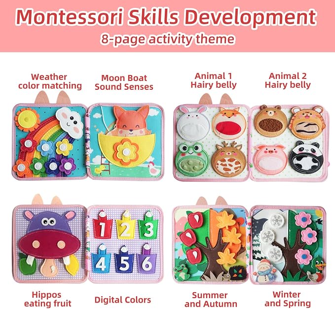 Busy Book for Toddlers 1-3 Years Old, Quiet Busy Board, Suitable for 1-Year-Olds, Montessori Toy, Birthday Gift for 1-Year-Old Boys and Girls, Felt Activity Book, Baby Travel Toy