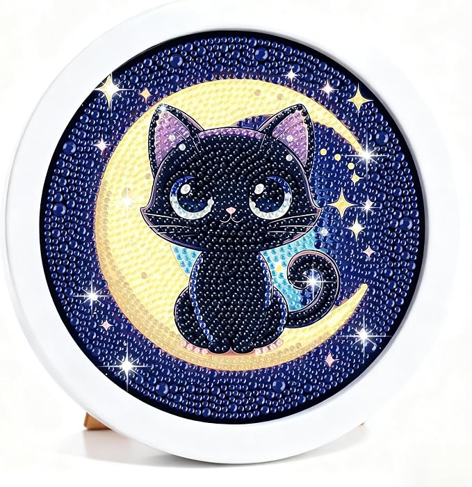Gemozaic Cat Diamond Art Kits for Kids Ages 6-8-12, Round Frame, 8 x 8 Inch | Black Cat Diamond Art for Kids 6 8 10 12 Year Old, Easy Kid Gem Painting, Cute Animal Arts and Crafts for Girl Birthday Gift