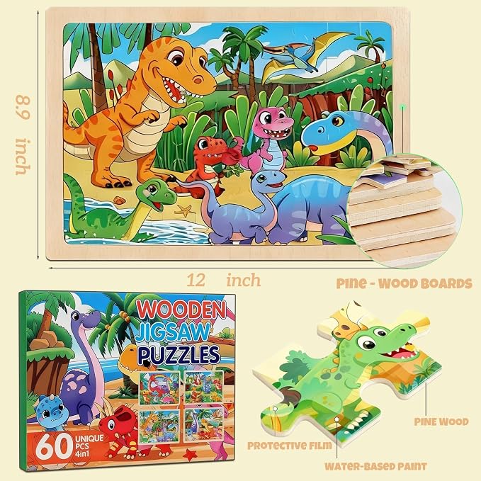 4 Packs 60 Piece Puzzles for Kids Ages 4-6, Wooden Animals Jigsaw Puzzles for Toddlers Age 4-8, Preschool Educational Puzzles Boards Toys, Brain Teaser Toys Gifts for 3 4 5 6 7 8 9 Boys Girls