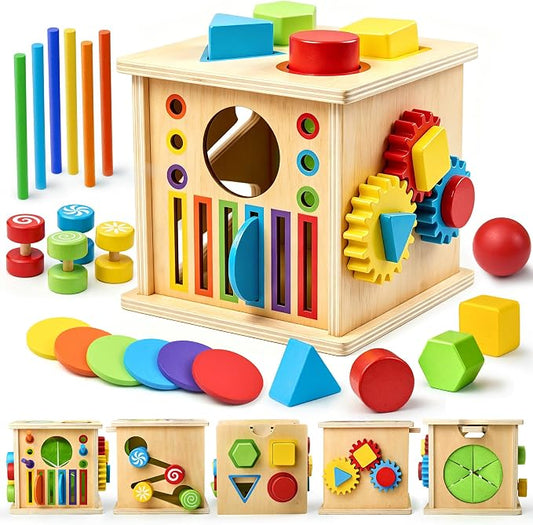 TOMMYHOME Wooden Montessori Multifunctional Sensory Box 8-in-1,Help Children Improve Their Arithmetic Skills and Color Recognition abilities.Coin Box