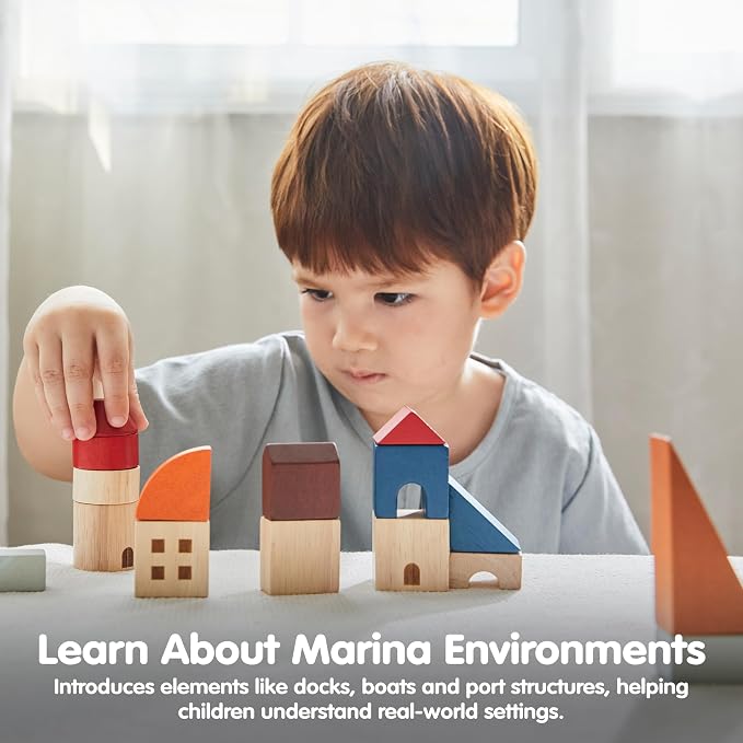 PlanToys® Marina Blocks Wooden Montessori Building & Creative Kids Play Set | shapes, boats, construction toys, sorting & stacking toys, girls, boys, spatial STEM fine motor imaginative gift preschool