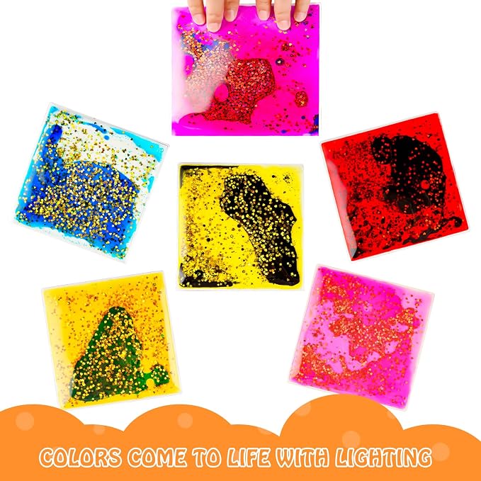 Onyoloy Sensory Soft Gel Liquid Toys: Water Sensory Fidget Toys Square Sensory Toys for Autistic Children 6-Pack | for Autism Kids, Stress Relief & Focus, Home School Therapy Travel Toys (6 Pack)