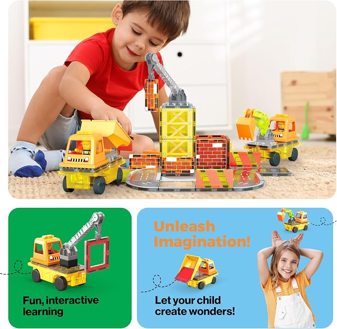 PicassoTiles Magnetic Tiles Construction Set, 5-in-1 Vehicle Toys Ages 3+ | 5 build configurations, 2 poseable action figures, 2 car bases, durable non-toxic pieces, hands-on STEM play