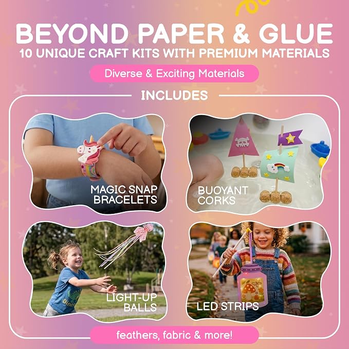 QuTZ 10-in-1 Interactive Craft Box, Crafts that Become Toys for Kids 4-8 | Everything pre-cut & ready. One project per box. 20+ materials (LED strips, snap bracelets, floating craft).