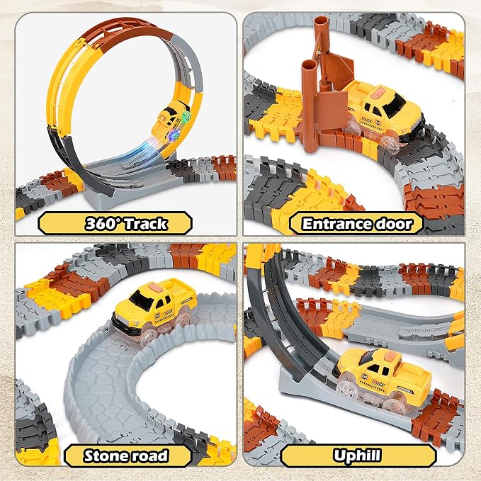 Coroiesty 157 PCS Construction Race Tracks for Kids with 360° Loop Ramp | Glow in The Dark Magic Toy Set, 1 Light Up Car, 3 Construction Cars, Flexible DIY Track Set, Gift for 3-9 Year Old Boys Girls