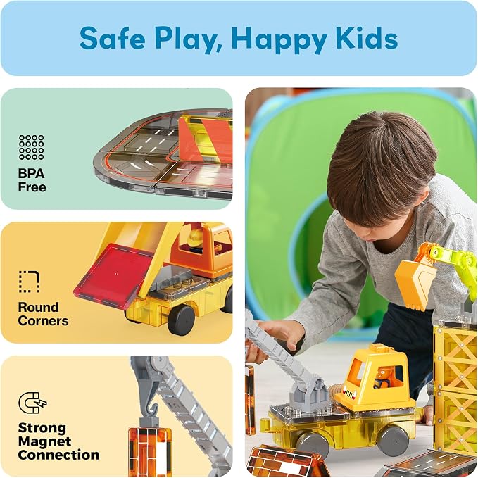 PicassoTiles Magnetic Tiles Construction Set, 5-in-1 Vehicle Toys Ages 3+ | 5 build configurations, 2 poseable action figures, 2 car bases, durable non-toxic pieces, hands-on STEM play