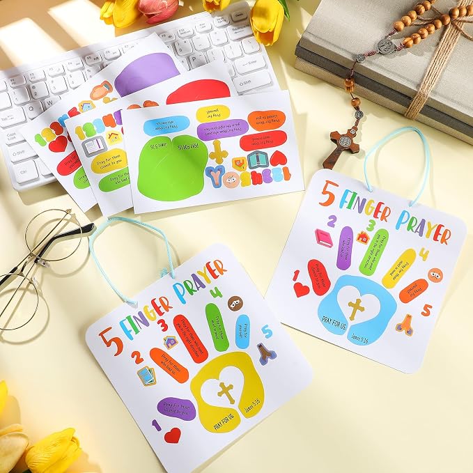 MotiMind 30 Sets Sunday School Crafts for Kids Christian 5 Finger Prayer Handprint DIY Crafts Religious Bible Verse Arts Make Your Own Finger Prayer Gift for Church Classroom Home Activities