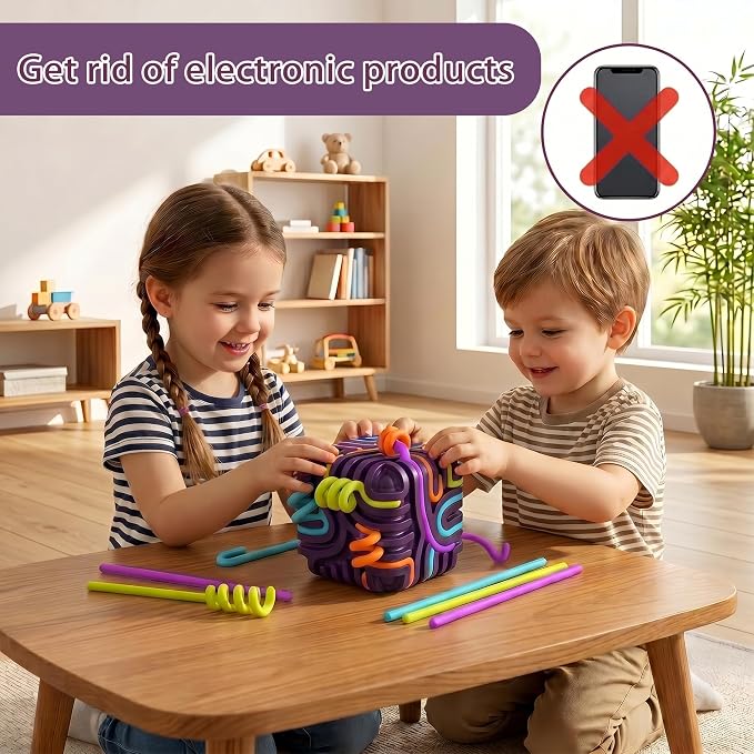 Sensory Activity Board Cube Fidget Toys for Kids & Adults - Zero Noise Silicone Quiet Toddler Travel Toys for Car Rides & Airplane - Autism ADHD Calming Toy Gift Stuffers with 15 Strings