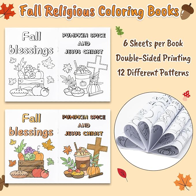 Dvbonike 24Pcs Fall Bible Coloring Books Religious DIY Color-in Pages | Drawing Booklet Bulk, Autumn Party Supplies, Christian Activity, Sunday School Artwork, Classroom Rewards, Thanksgiving Gift