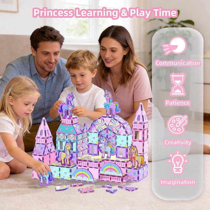 GobiDex 100PCS Unicorn Magnetic Tiles with 6 Unicorns | Princess Castle Unicorn Toys for Girls Age 4-6, STEM Magnetic Blocks Building Toys for 3 4 5 6 Year Old Girl Birthday Gifts